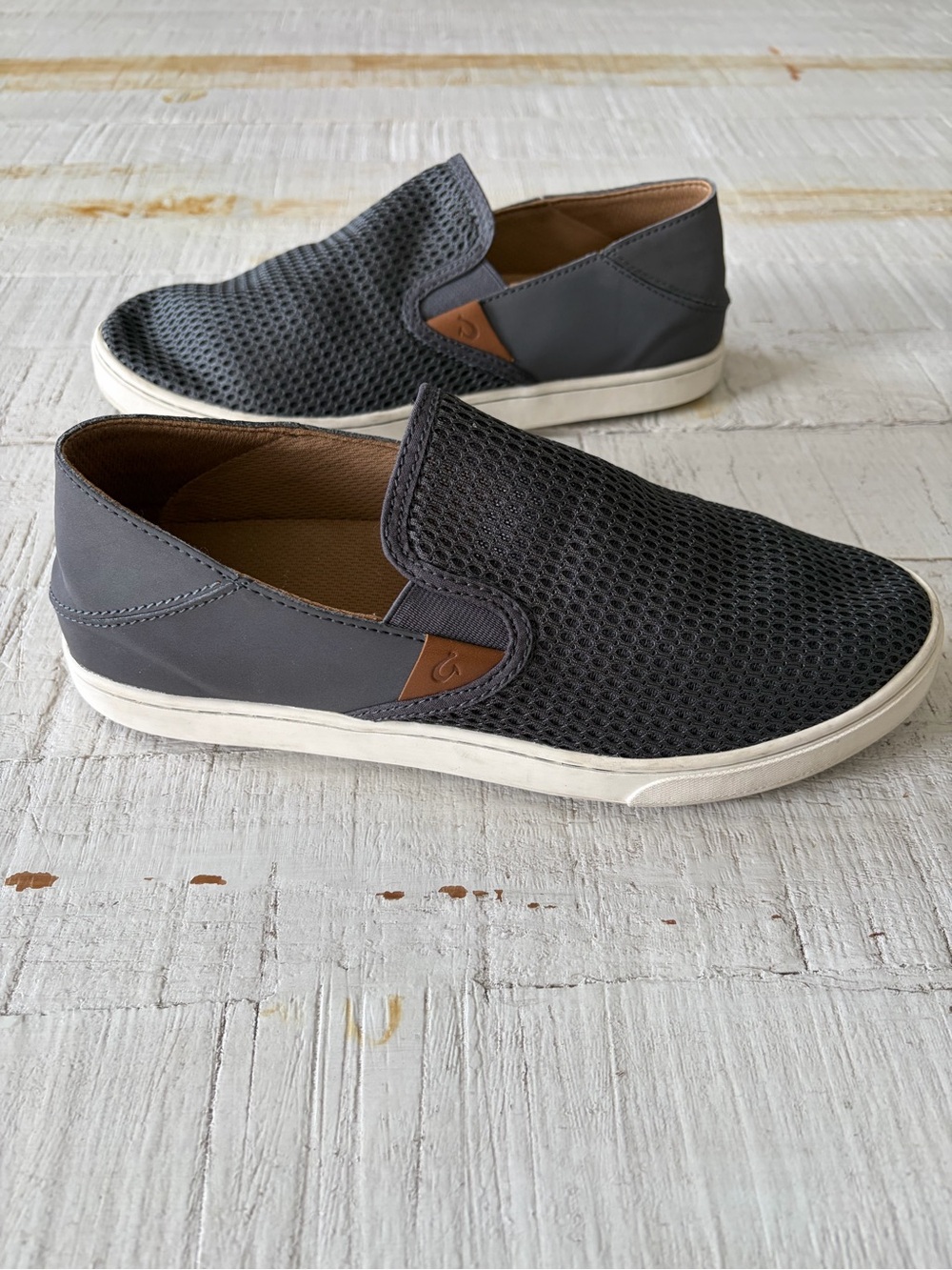OluKai Charcoal Mesh Slip-On Loafers with Tan Tab